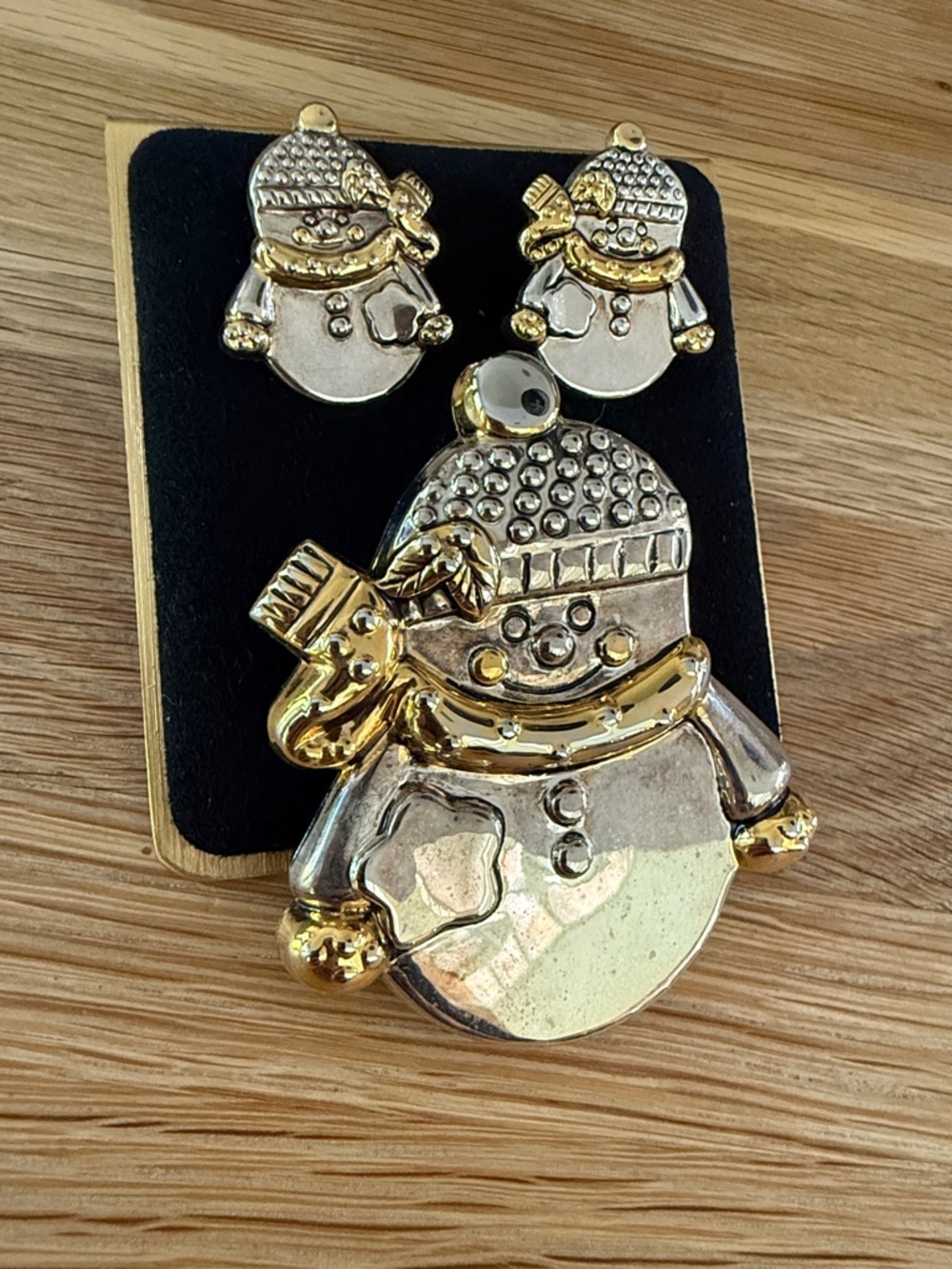 Gold & Silver Snowman Brooch Pendant and Pierced Post Earring Set.